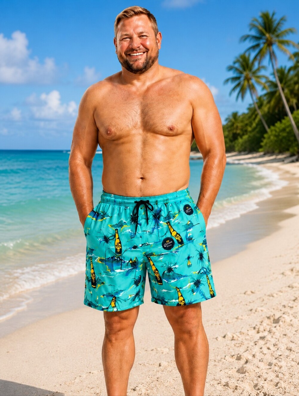 CORONA Men’s Turquoise Board Shorts Tropical Bottle-Print Swim Trunk SIZE XL NWT